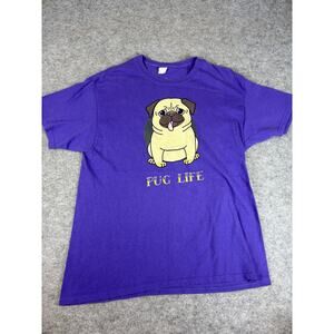 VINTAGE Pug Life Shirt Womens Large Purple Graphic Dog Short Sleeve Tee Y2K